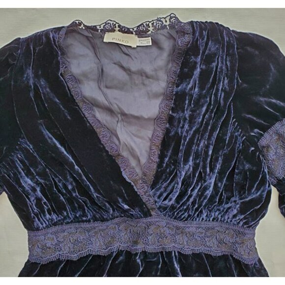 PINKO Navy Velvet Silk Mini Dress V-Neck Long Sleeve Sz 6 Classic Glamour Event - Picture 5 of 12
